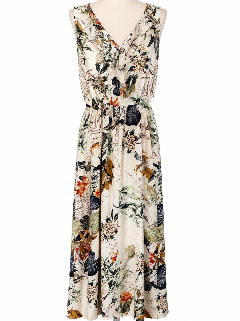 L & T Tropical Floral Maxi Sleeveless V-Neck Ruffle Front‎ Flowy Dress Size L/XL